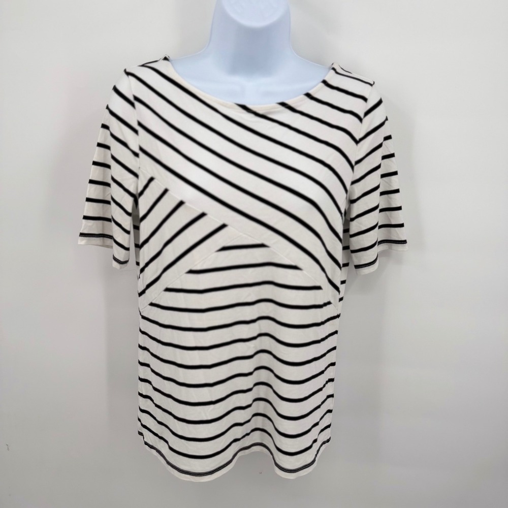Talbots Women's MP Top Black White‎ Striped Short Sleeve Keyhole Back Knit